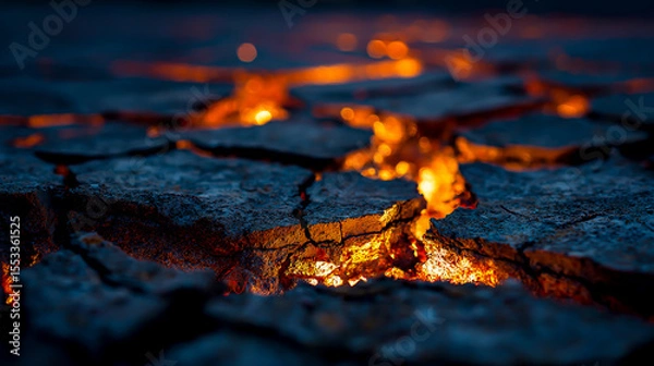 Fototapeta A cracked surface with an orange glow under the cracks, creating a dramatic contrast against a dark background