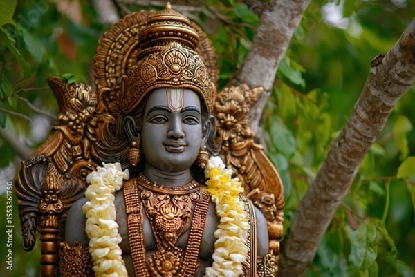 Fototapeta an elegant statue of Lord Murugan, wearing a Shawl and Dhoti with a beautiful yellow garland around the neck