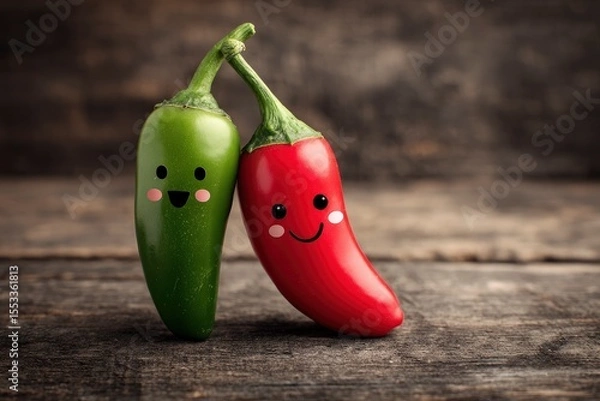 Fototapeta Two smiling chili peppers one green and one red lean against each other on a wooden surface