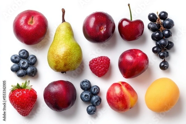 Fototapeta Varied fresh fruits arranged on a white surface including apple pear blueberries grapes raspberry and plum