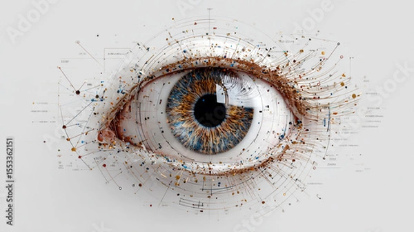 Fototapeta A digital eye with data points and lines, white background