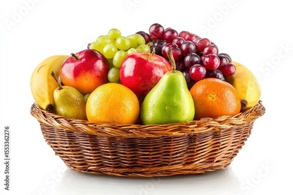 Fototapeta Wicker basket filled with assorted fruits apples bananas oranges pears and bunches of red and green grapes