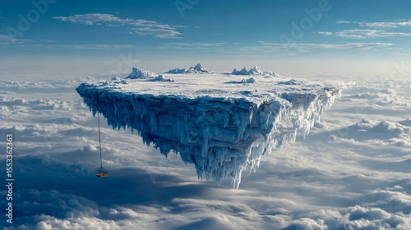 Fototapeta A large, floating island in the sky, made of ice and snow, with an icy cliff on one side and a rope suspended