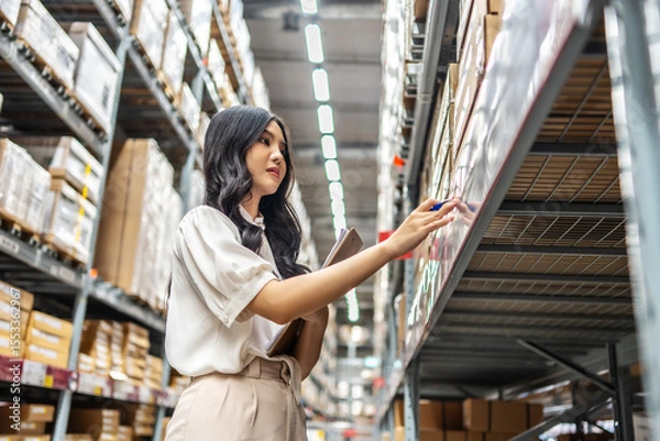 Obraz Focused on her task, a young woman holding clipboard meticulously updates inventory records while surrounded by shelves filled with various products in a vibrant warehouse setting