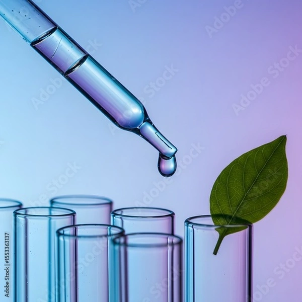 Fototapeta Dropper adding liquid to test tube with green leaf in laboratory research