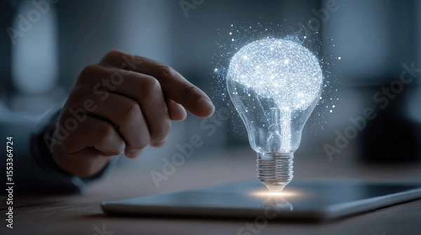 Fototapeta Creative brainstorming in a futuristic workspace with a glowing light bulb and digital representations of ideas Generative AI