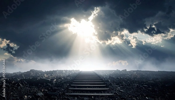 Fototapeta Dramatic Sunlight Through Dark Clouds On Railroad Tracks