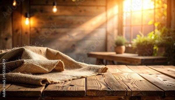 Fototapeta Rustic Wooden Table Setting With Burlap Cloth And Sunlight