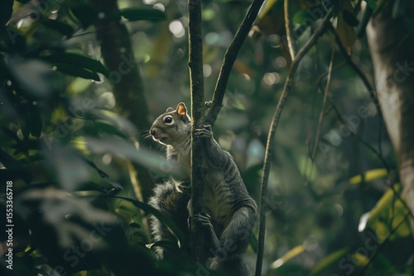 Fototapeta Squirrel showcasing agility and alertness in the deep European forest during cold climate in a natural wildlife setting