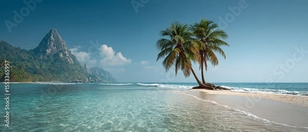Fototapeta Tropical coastline with twin palm and mountain view in clear summer light for travel concept
