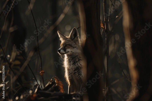 Fototapeta Fox using intelligence and stealth in forest habitat to seek prey and shelter during cold European woodland conditions
