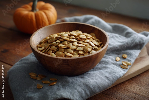 Obraz Halloween pumpkin seeds in a wooden bowl on a rustic table