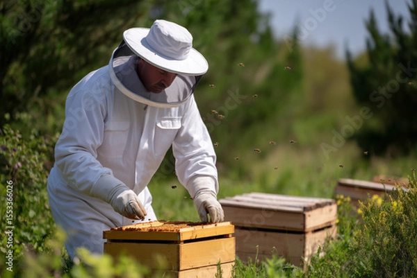 Obraz Beekeeper tending to hives in sunny garden on a clear day