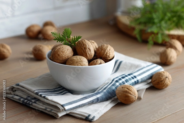 Obraz Walnuts arranged in a bowl on a wooden table with cloth