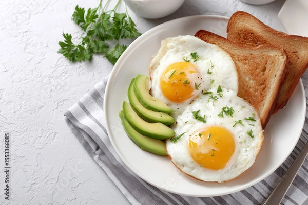 Obraz Breakfast plate with eggs, toast, and avocado slices in morning light
