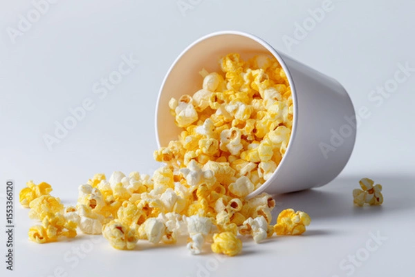 Obraz Delicious popcorn spilling from a white cup on a clean surface