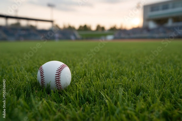 Obraz Baseball resting on green grass at a stadium during sunset