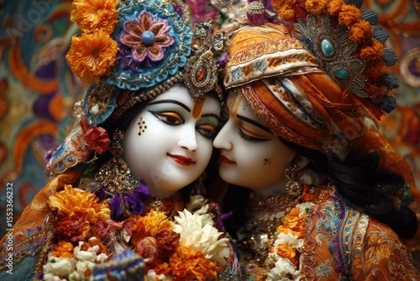 Fototapeta Close-up of Lord Krishna and Radha, dressed in vibrant orange attire adorned with intricate floral patterns