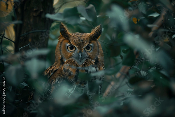 Fototapeta Owl navigating forest landscape in winter to seek food with high intelligence and silent hunting abilities during flight