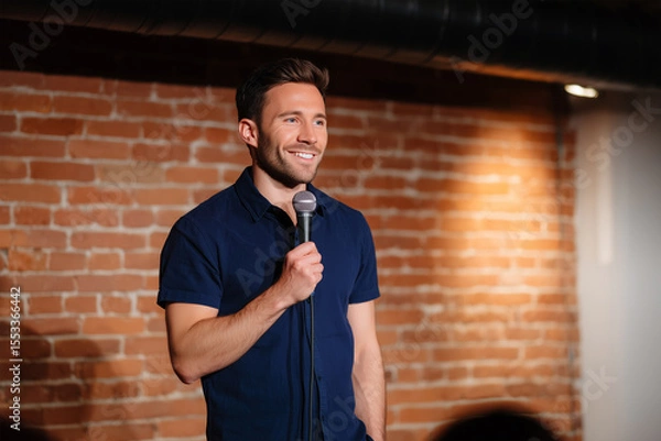 Obraz Stand-up comedian performs at a cozy brick wall venue