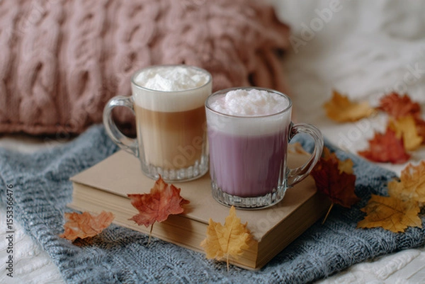 Obraz Cozy autumn drinks on a warm blanket with colorful leaves
