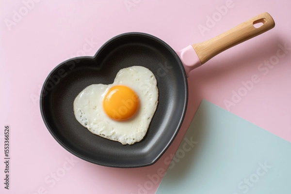 Obraz Heart-shaped fried egg in a pan on a pastel background