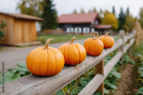 Obraz Pumpkins lining a wooden fence on a crisp autumn day