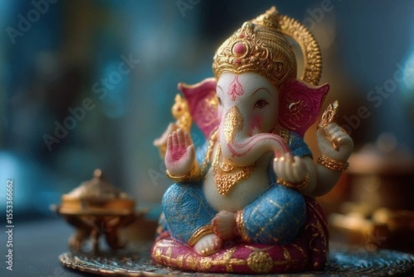 Fototapeta Ganesha statue with gold, pink and blue colors, on an elegant table with Indian elements, blurred background