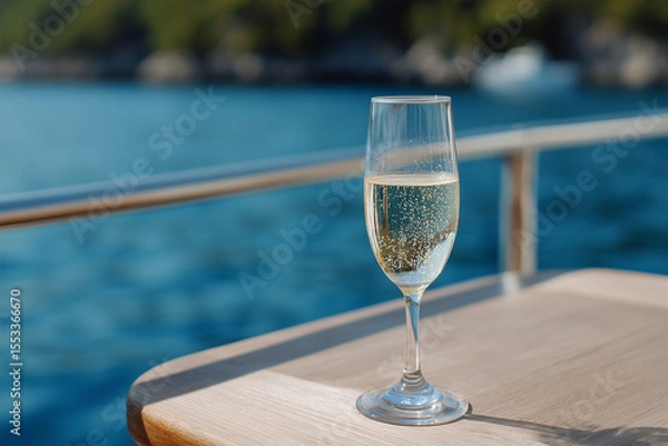 Obraz Sparkling wine on a boat with a serene blue background