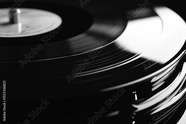 Fototapeta Vinyl records stacked in a monochrome setting create a classic vibe