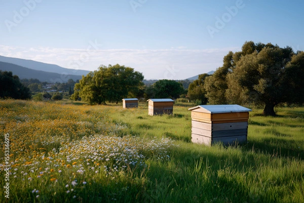 Obraz Beehives in a blooming meadow during golden hour