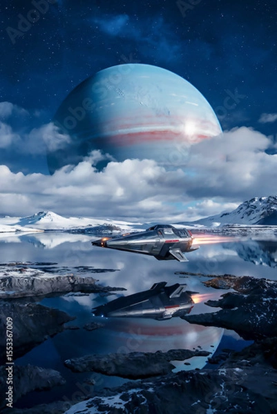 Fototapeta Spaceship Flying over a Planet in a Sci-fi Landscape