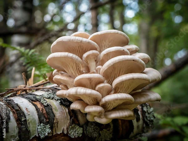Fototapeta Cluster of Mushrooms Growing on a Birch Log