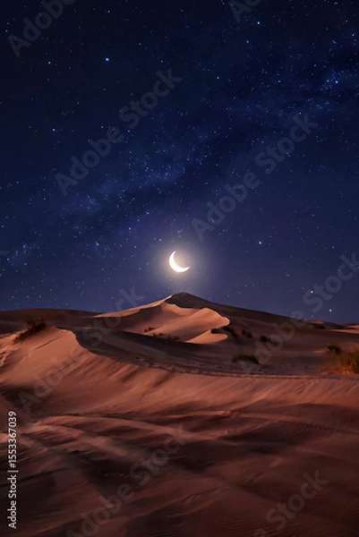 Fototapeta Desert Dunes Under a Crescent Moon and Starry Sky