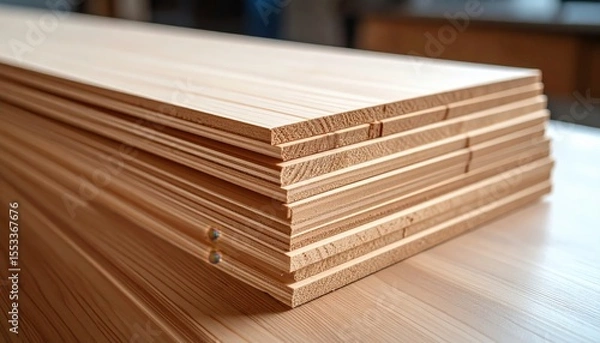 Fototapeta Stacked Light Brown Wood Planks On Workshop Table