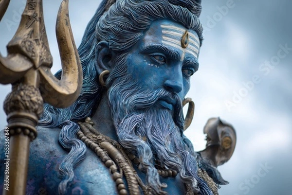 Fototapeta Close-up of a Lord Shiva statue, with blue skin and a beard, holding a trident, against a sky background