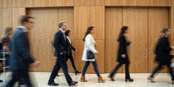 Obraz group of business people in a corridor walking through a busy office hallway with modern design