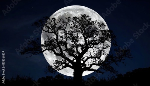 Fototapeta Full Moon Behind Silhouette Tree At Night