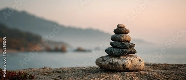 Fototapeta Stone stack on seaside cliff during golden hour with gentle light and tranquil mountain background