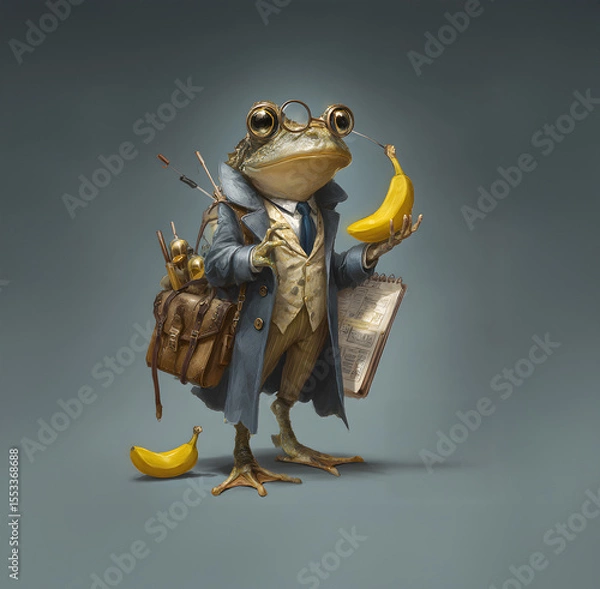 Fototapeta Banana briefing and intellectual frog with a mission. Illustration of a humanoid frog character dressed in a formal vintage suit and trench coat, holding a banana and a clipboard. 