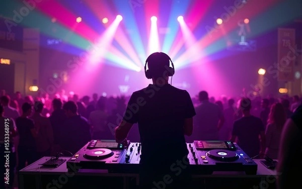 Fototapeta DJ mixing tracks on a booth in a nightclub with colorful lasers show. An amazing club atmosphere with a lof of people dancing to electronic music. High quality