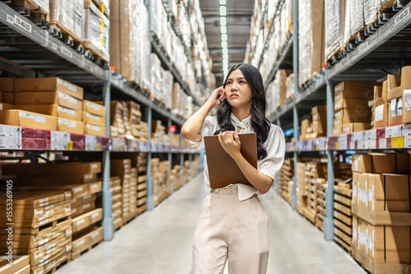 Obraz Focused on her task, Young asian woman holding clipboard meticulously updates inventory records, thinking about project while surrounded by shelves filled with various products in a warehouse