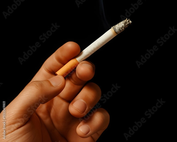 Fototapeta close up of a man's hand holding a cigarette isolated on dark background