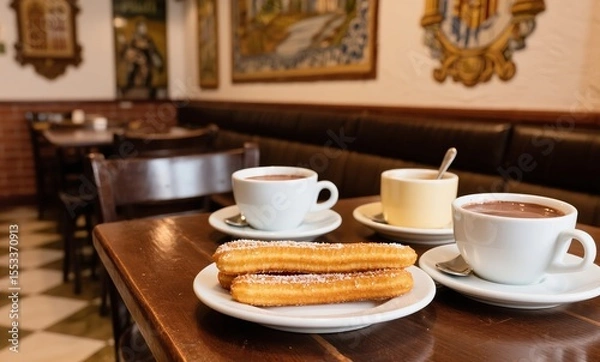 Fototapeta Authentic Madrid breakfast with churros and ceramic cups of thick cocoa