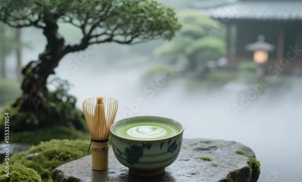 Fototapeta Frothy green matcha tea in ceramic cup beside bonsai tree and mossy stone