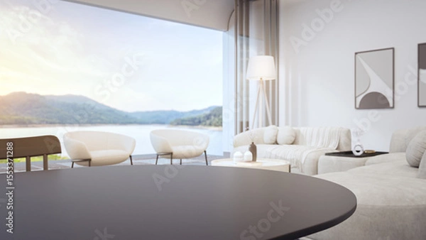 Fototapeta Empty curve dark table top with blurred lake view background. 3d illustration of modern dining and living room at sunset time.