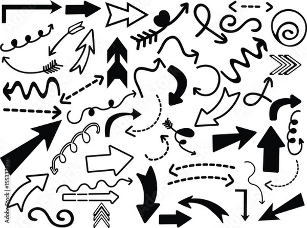 Fototapeta Hand drawn arrow set featuring curved, straight, dotted, and swirled arrows design, arrow vector for creative design, presentations, infographics, and decorative purposes.