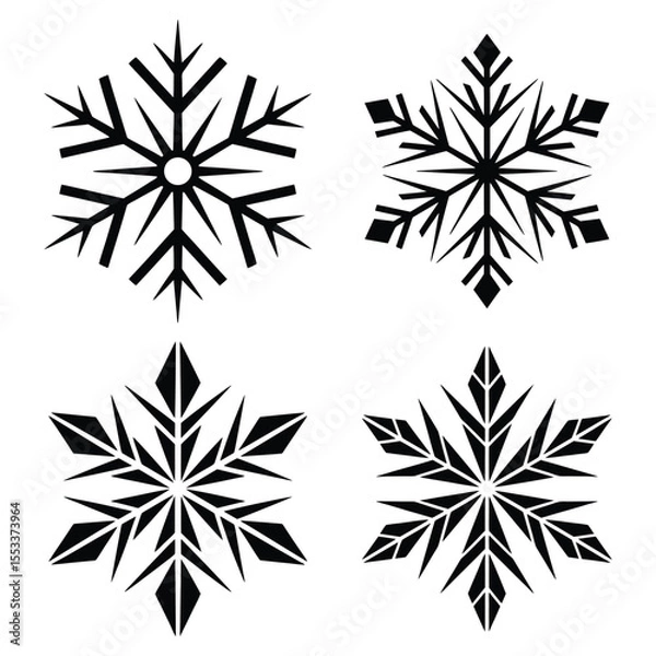 Fototapeta A Set of four black snowflake icons with reflection, isolated on a white background