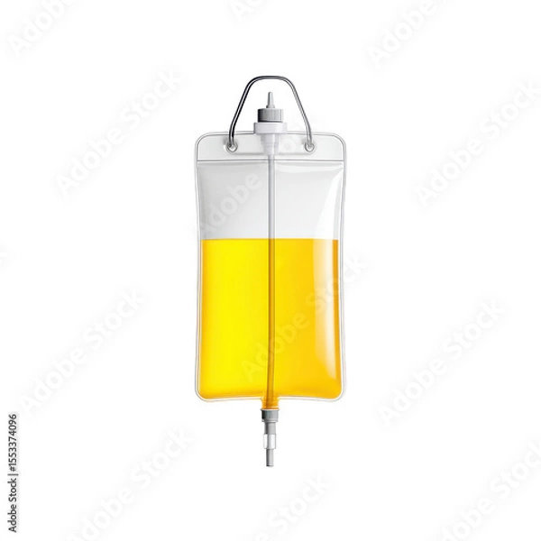 Fototapeta Transparent intravenous fluid bag filled with bright yellow liquid, medical accessory for hospital use in healthcare settings on transparent background