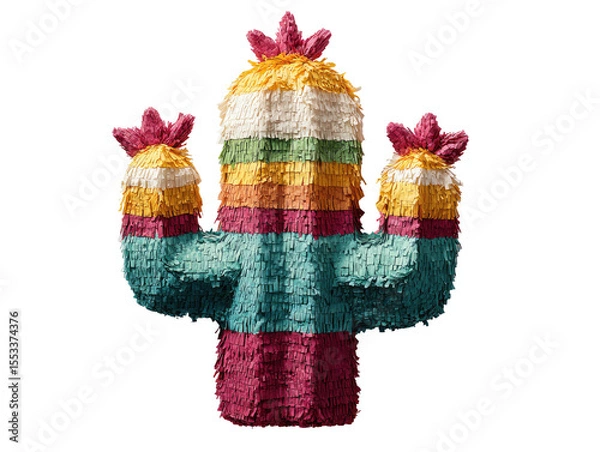 Fototapeta Colorful pinata cactus illustration with vibrant stripes and flower like tops. Isolated on a transparent background, suitable for children's themes.